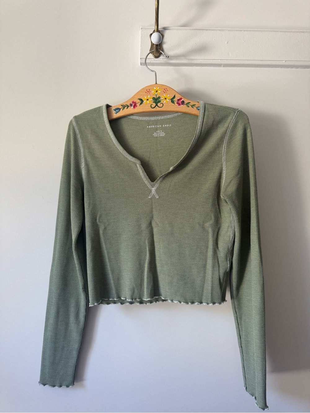 American Eagle Outfitters Sage Green Ribbed Long-Sleeve Crop Top